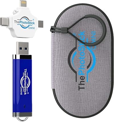 ThePhotoStick Omni 256GB — Photo Backup for iPhone, Android + Portable Case