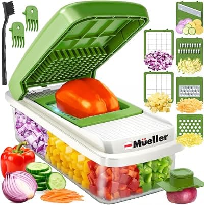 Mueller Vegetable Chopper, Mandoline Slicer, Food Veggie Chopper, Cheese Grater, Onion Vegetable Cutter with Container, Dicer, Kitchen Gadgets & Essentials, White Sand/Green
