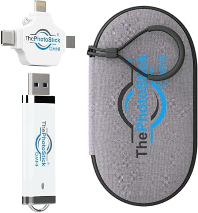 ThePhotoStick Omni 32GB — Photo Backup for iPhone, Android + Portable Case
