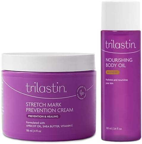 TriLASTIN Maternity Stretch Mark Prevention Cream (4 oz) + Nourishing Body Oil (3.4 oz) Bundle