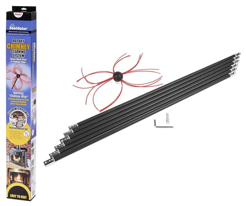 SootEater Rotary Chimney Cleaning System - Gardus RCH205-B Chimney Sweep Kit, Cleans Open Chimneys up to 18' with 6 Flexible 3' Rods, Chimney Cleaning Kit with Trim-to-Fit Spinning Chimney Whip
