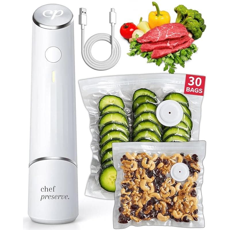Chef Preserve Compact Vacuum Sealer for Food (Vacuum Sealer Machine + 30 Reusable Vacuum Bags) Powerful Handheld Vacuum Sealer Machine, Seal Meal Saver, Portable Food Sealer Vacuum Sealer + 30 Bags
