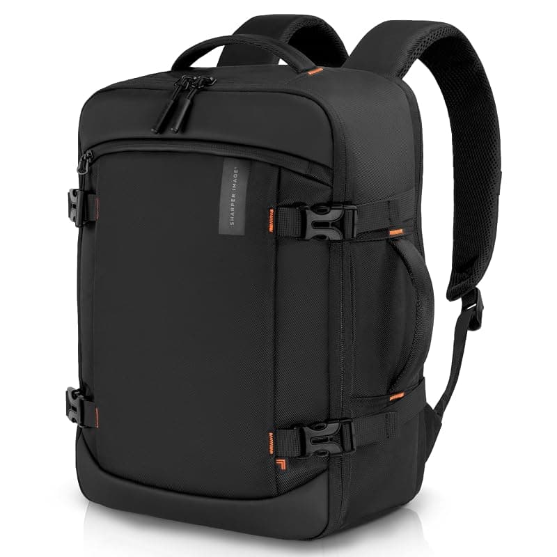 Sharper Image Travel Backpack for Men & Women 23L TSA Flight Ready Weekender Bag for Carry On Luggage, Fits 17” Laptop, Water Resistant Casual Daypack for Traveling, Black (Venture Collection)