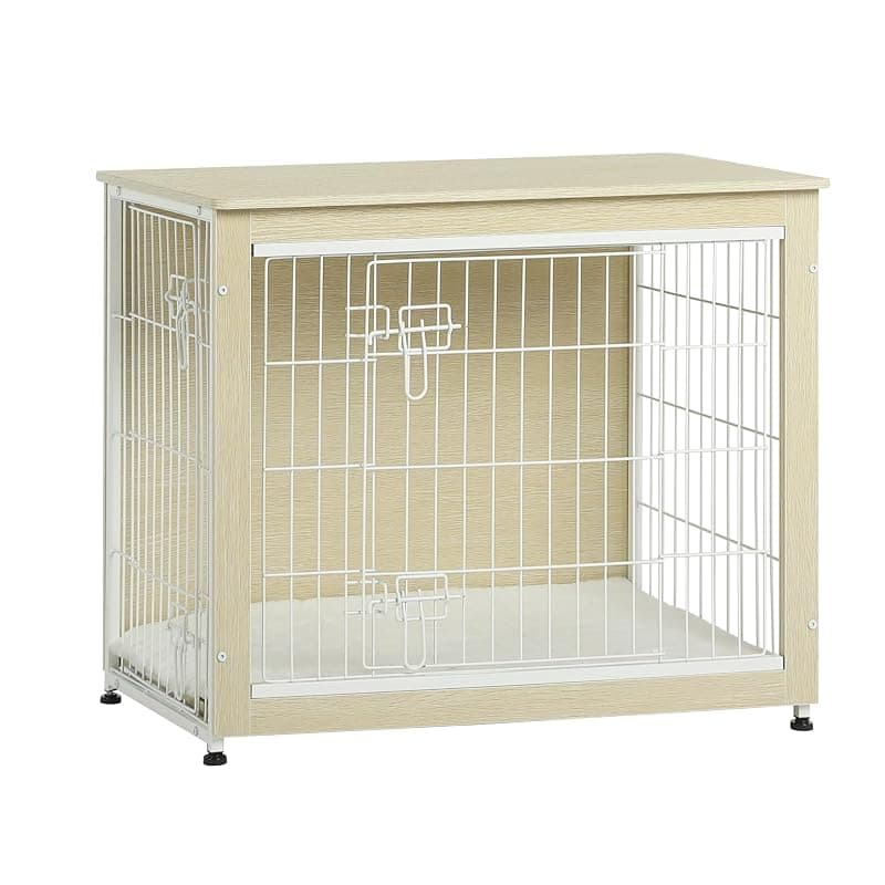 DWANTON 32.5" Dog Crate Furniture with Cushion, Wooden Kennel Table Indoor White Oak 32.5"L x 21.9"W x 25.6"H