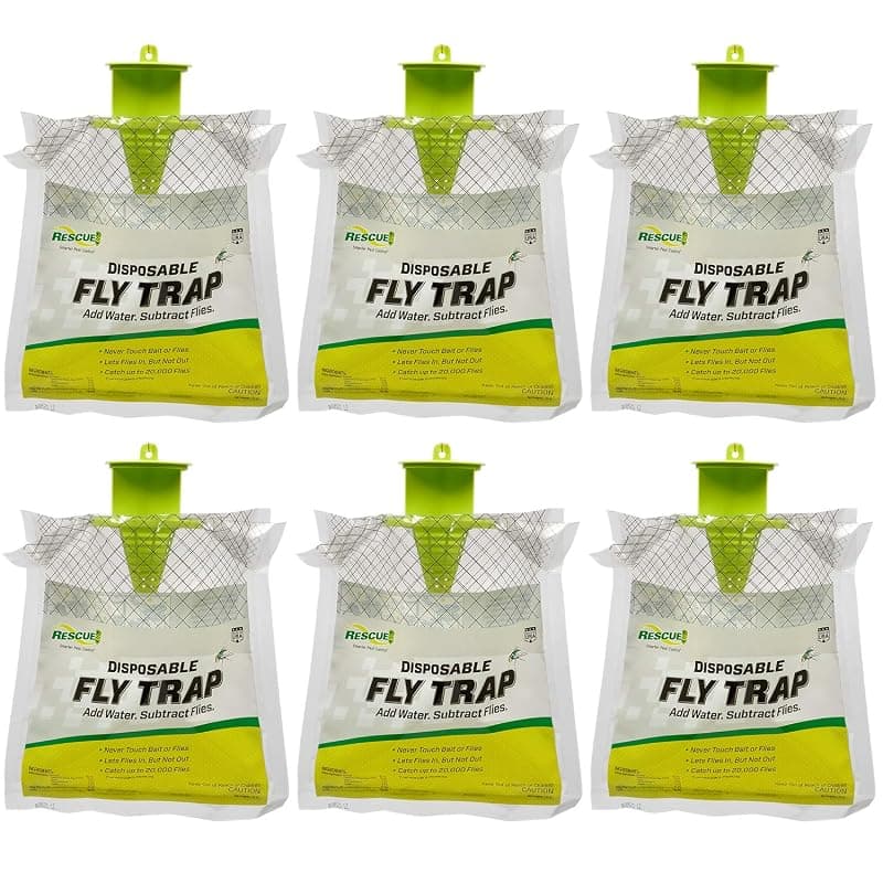 Rescue! Outdoor Disposable Fly Trap – Hanging Fly Catcher with Attractant Bait, Fly Bag for Patio, Yard, Trash & Farm Areas – Easy-to-Use Outdoor Fly Control - 6 Traps